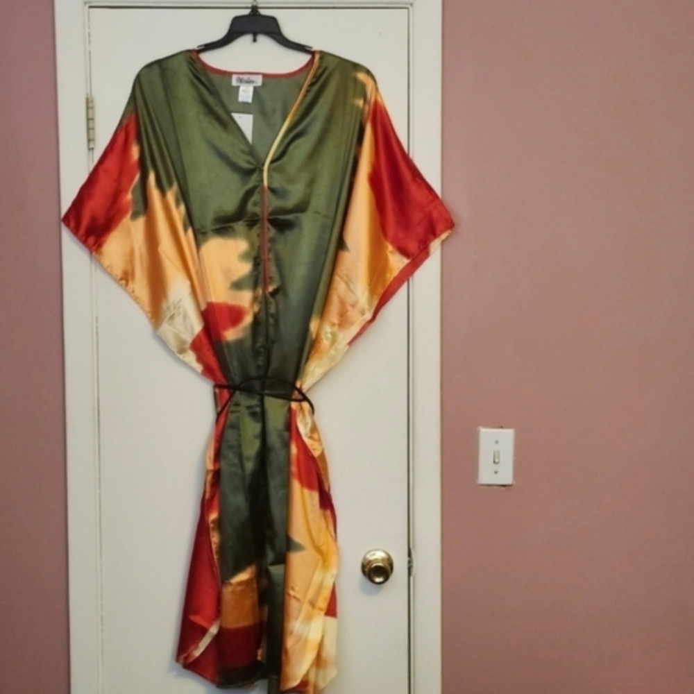 Brand New Silky Tie-Dye Maxi Kimono Caftan in Olive, Rust & Gold